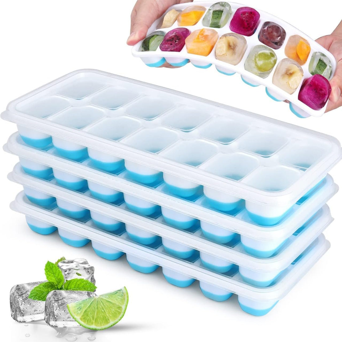 4 Pack Silicone stackable Ice Cube Trays, Reusable Flexible Silicone Ice Cube Trays with Spill-Resistant Removable Lids, Easy Release Ice Maker Tray - Easy to Use & Dishwasher Safe (White+Blue)