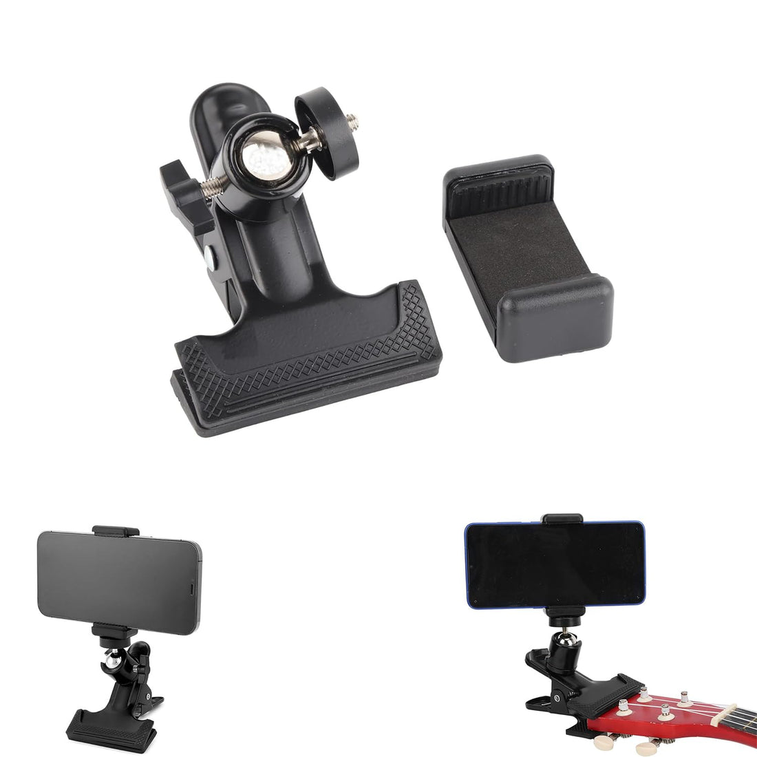Guitar Head Clip, Universal Guitar Mobile Phone Holder, Mobile Phone Holder Clip, Adjustable Guitar Headstock Mobile Phone Clamp Holder for Guitar, Electric Guitar, Bass, Ukulele