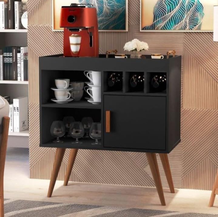 Modern Coffee Corner Black with Wooden Legs, Faux Wood Open Shelves and Cabinet with Door, Suitable for Kitchen, Living Room