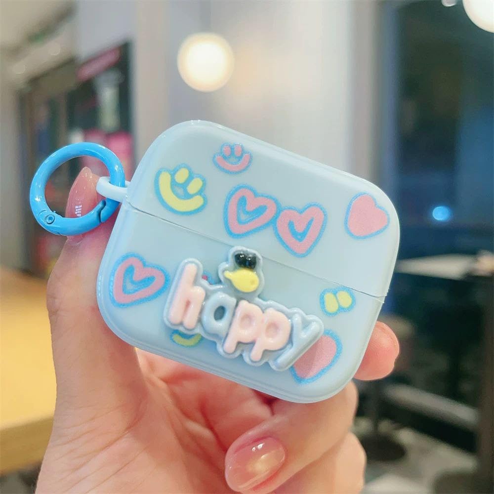 Cute Protective Case for Samsung buds 3/ buds 3 Pro, 3D Pattern Design with Hearts and Stars, Charging Box Cover with Ring Holder, Pink, Blue, Purple and Mint Green Colors (Happy)