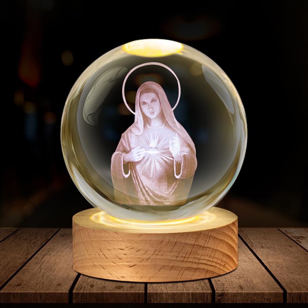 3D Crystal Ball Night Light, LED Glass Ball Lamp with a Statue of the Virgin Mary, USB Crystal Ball with Wooden Base, Suitable as a Souvenir and Gift for Church Members