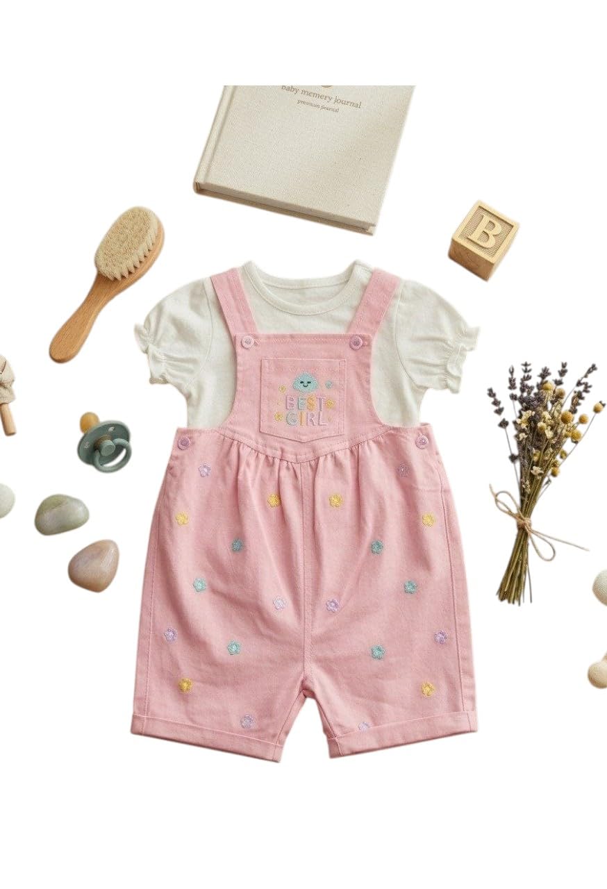 Jabardine Embroidered Flowers Baby Salopet with White Cotton T-shirt - Cute and Trendy Girls Set