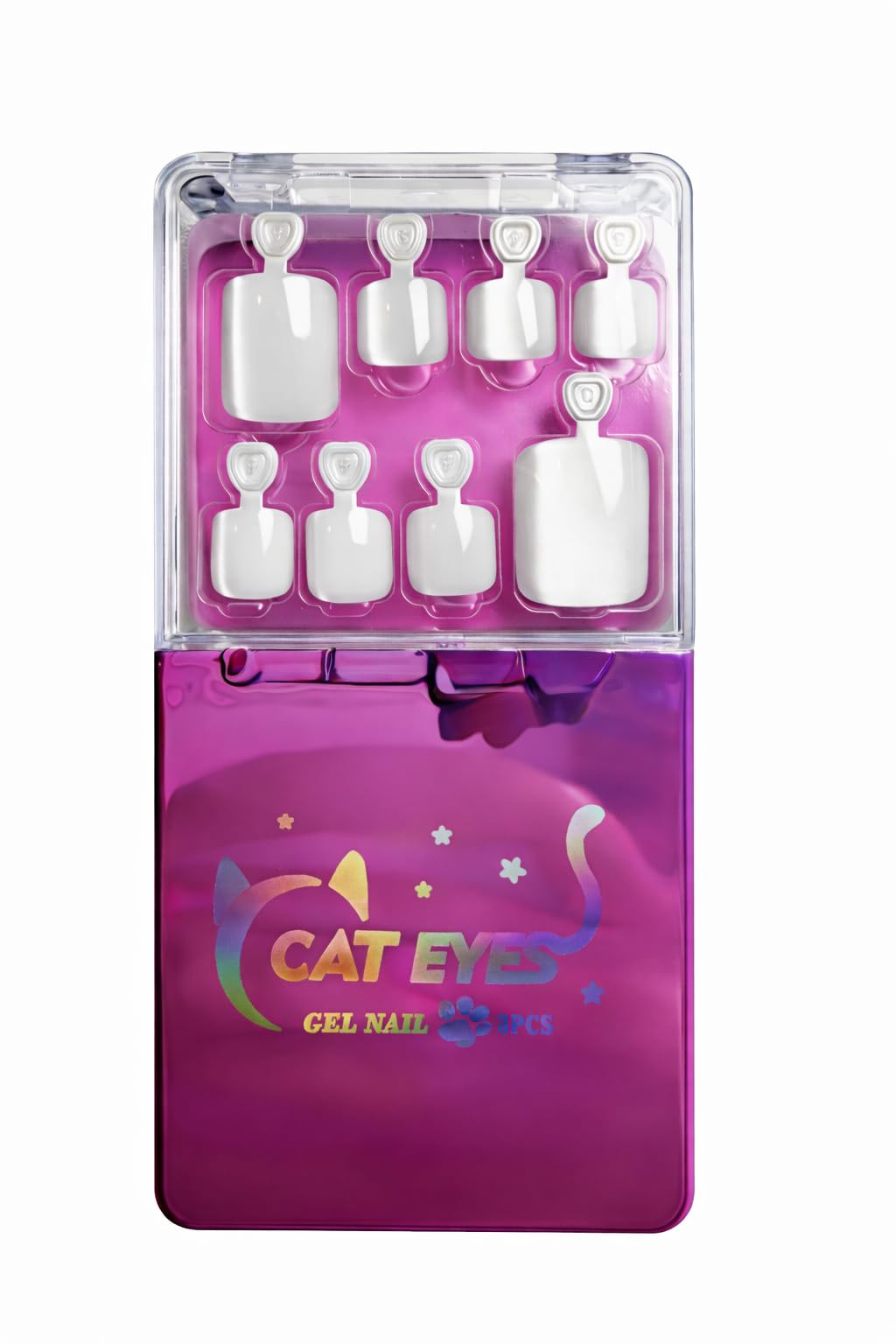 15 Pcs Press On False Toe Nails Set with Nail File and Wooden Stick, Artificial Toenails Kit for Easy Pedicure, White CatEye Colour