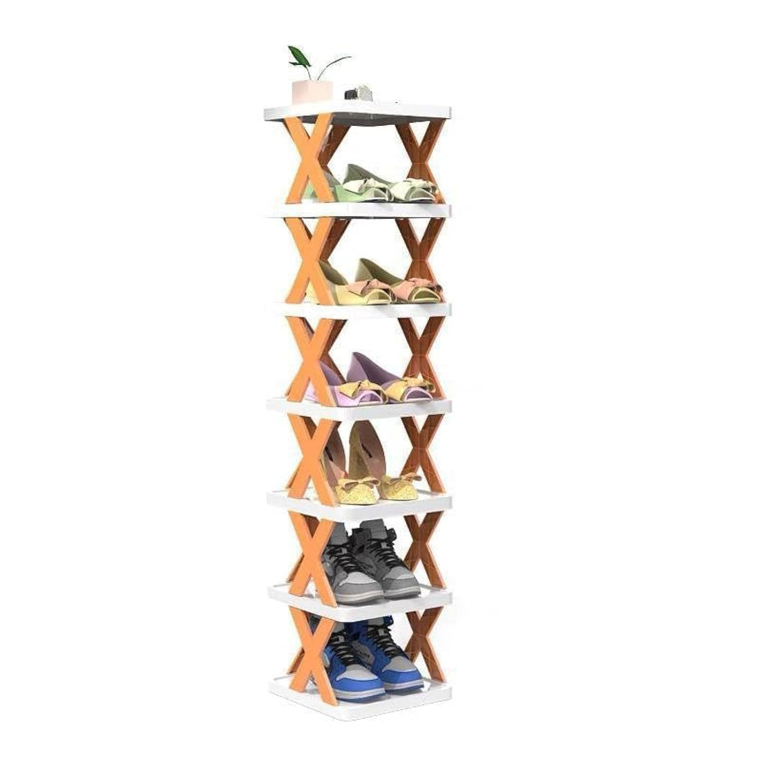 PRIME SHOP - 5-Tier Vertical Shoe Storage Tower, X-Shape, Contemporary Style, Freestanding Shoe Rack, Space Saving, 5 Shelves, Holds Up to 5 Pairs of Shoes