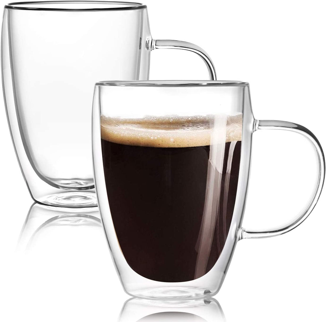 ALMEKAQUZ Double Walled Glass Coffee Mugs with Handle,Insulated Layer Coffee Cups,Clear Borosilicate Glass Mugs,Perfect for Cappuccino,Tea,Latte,Espresso (350ml-2Pack)