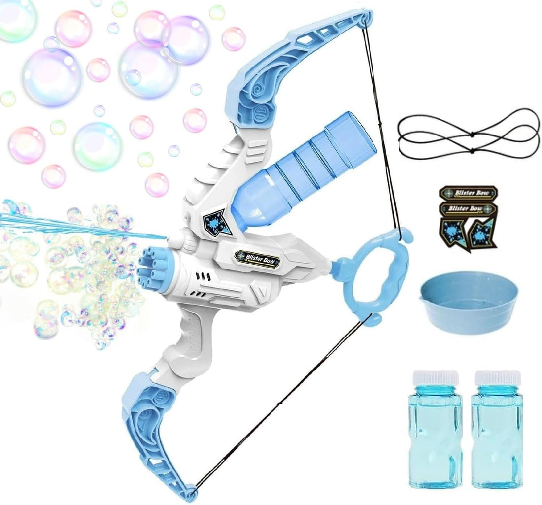 TOYS LAND Upgraded 2 in 1 Bow and Arrow Bubble Machine Toy Shooting Water with LED Light, Automatic Bubble Blower with 2 Bubble Solution, Outdoors Activity Summer Toys, Birthday Gift for Kids (Blue)