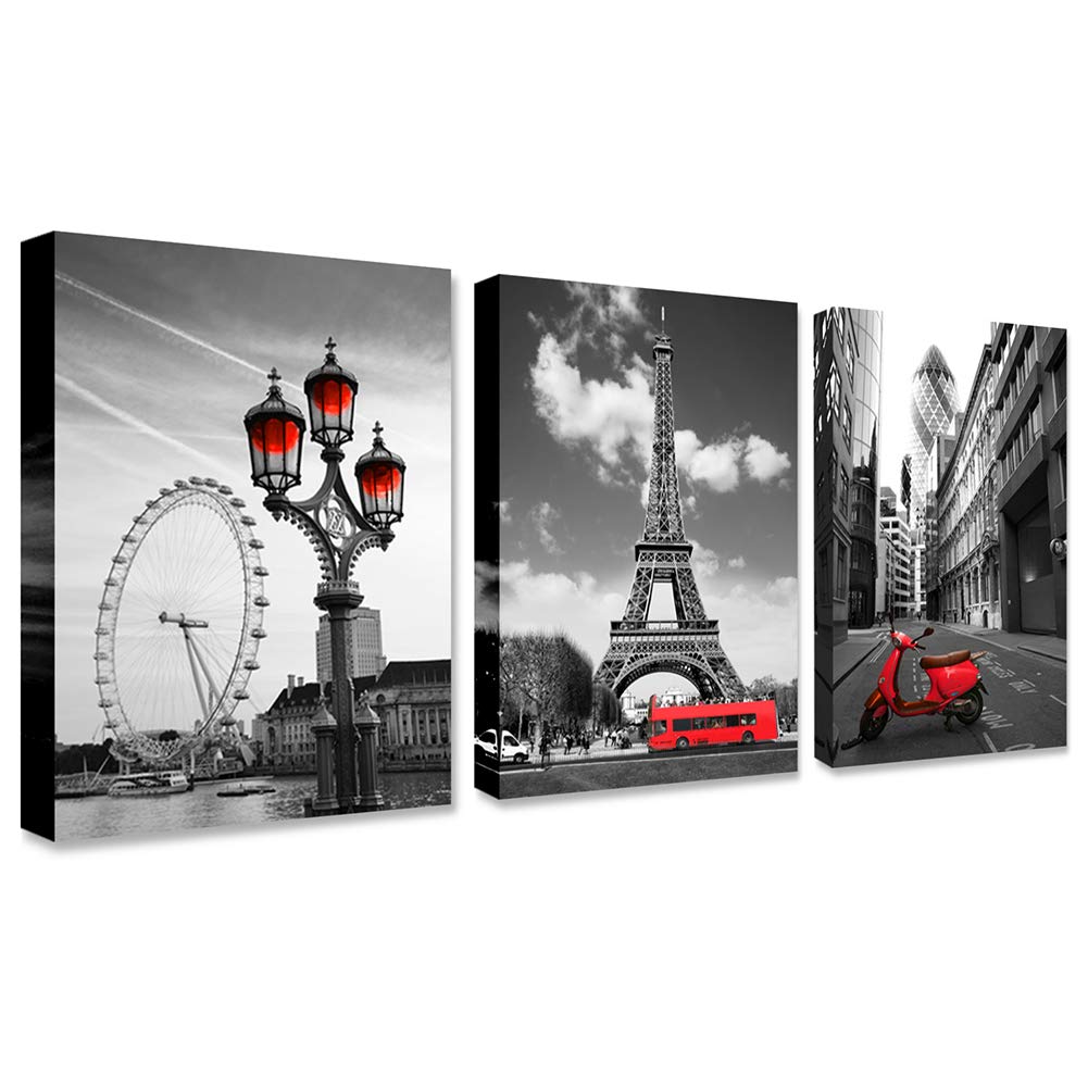 Black and white red city landscape- Paris Eiffel Tower Wall Art Decor Canvas Print red motorcycle street view and ferris wheel Painting Modern Home Decoration 12"x16" x3 Panels Romantic Artwork