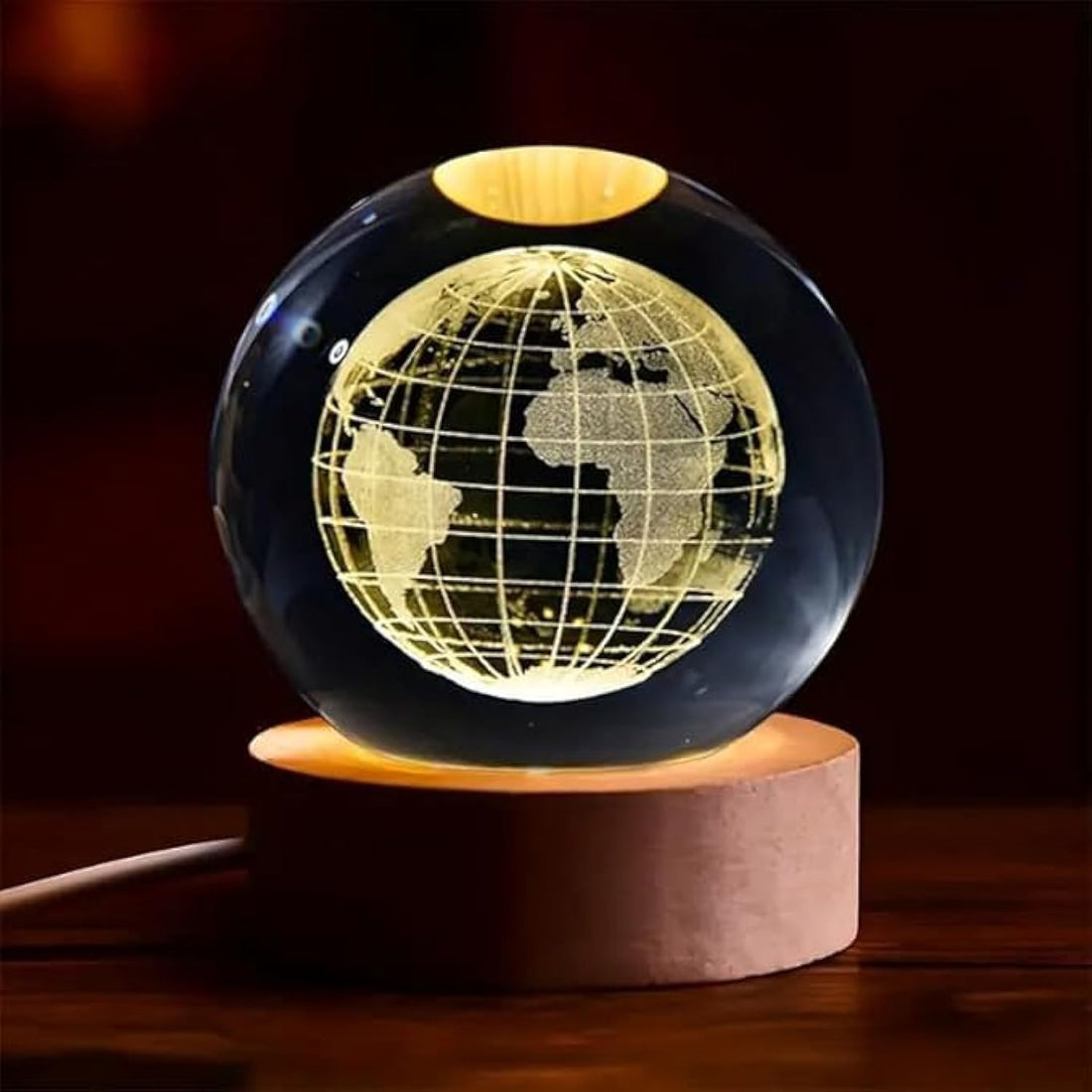 SOUQ KADO 3D Crystal Ball Night Light with Wooden Base, Laser Engraved Solar System Sphere, USB Powered LED Table Lamp, Teens, Bedroom and Home Décor - Globe
