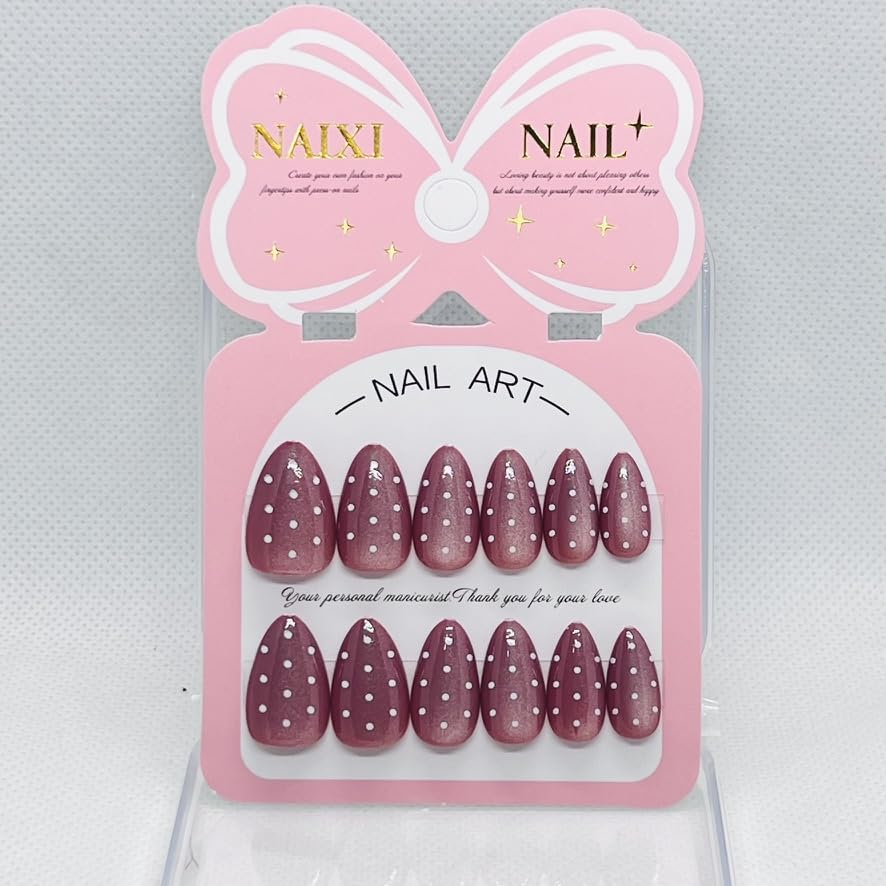 Premium Cat Eye Magnetic Press On Nails with Polka Dots – Glossy Reusable Fake Nails for Women – 8 Trendy Colors (Dark Pink)