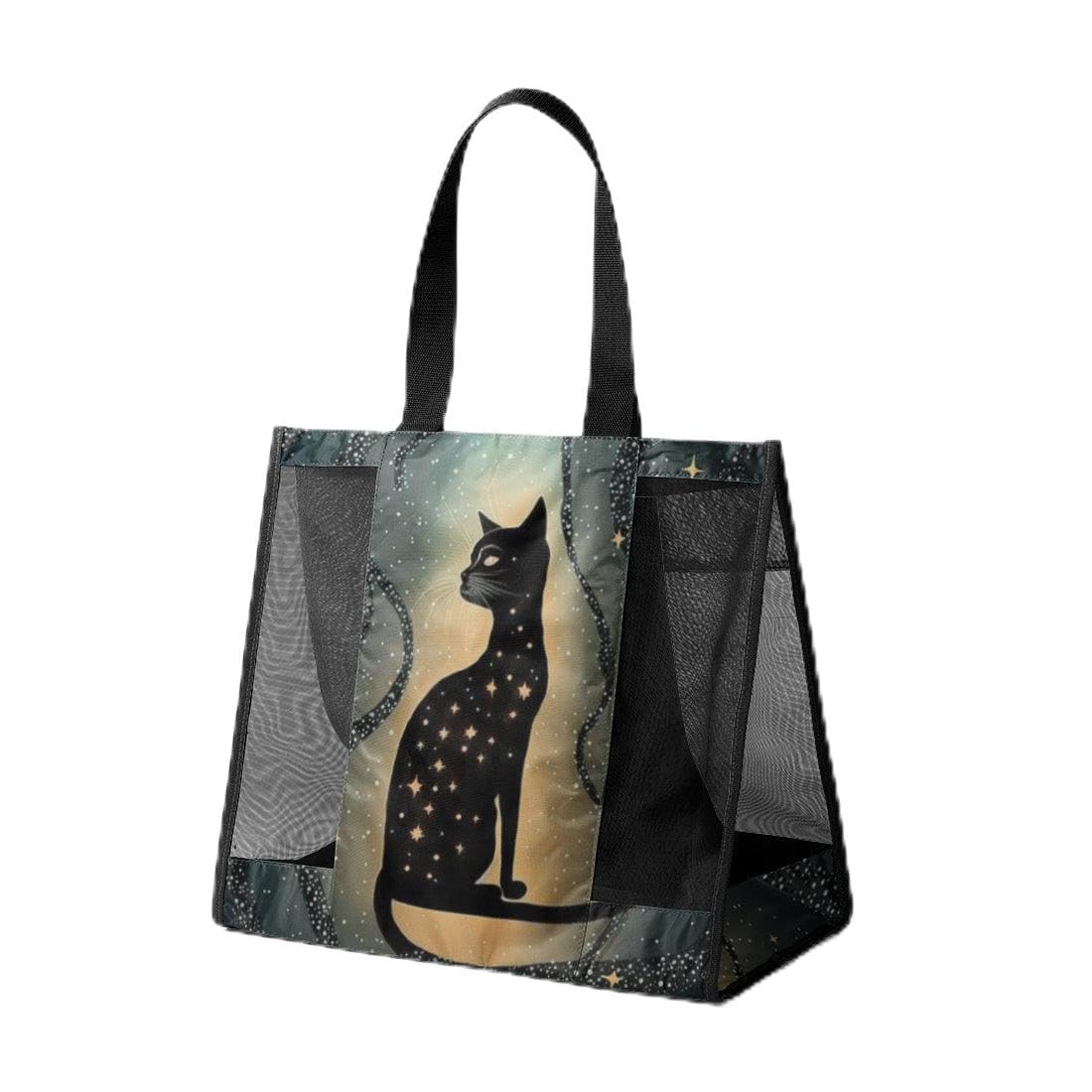 Mesh Tote Bag with Celestial Black Cat Design, Starry Galaxy Print