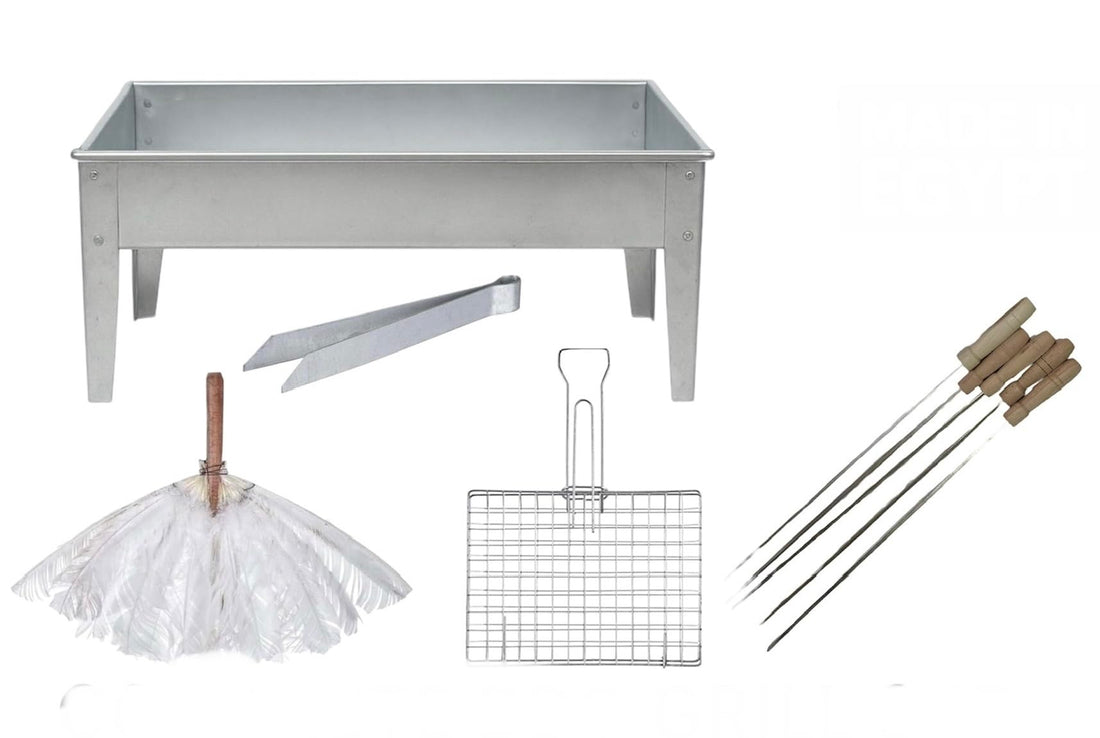 Complete BBQ Grill Set – Galvanized Heat-Resistant Metal – Locally Made – Includes Grill, Cooking Net, 6 Skewers, Tongs & Feather Fan