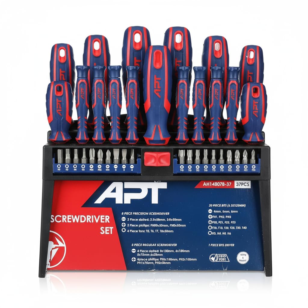 APT AH148078-37 Screwdriver Stand Kit, 37-Piece Tool Organizer Set, Precision and Standard Tips, Anti-Slip Handles, Ideal for DIY, Electronics, and Household Repairs