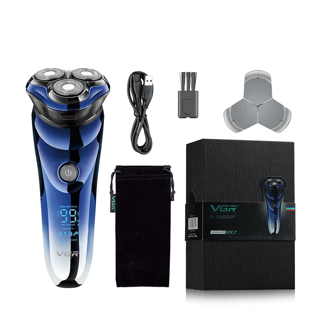 VGR V-305 Premium Cordless Rechargeable IPX7 Fully Waterproof 3 Head Electric Shaver Wet & Dry Rotary Shavers for Men with Pop-up Trimmer Super-Fast Charge 100 minutes Runtime with LED Digital Display
