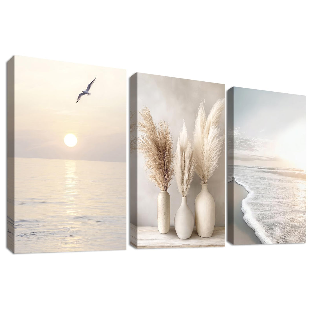 3Pcs Beige Pampas Grass Print on Canvas Framed Botanical Dream Catcher Baby Breath Painting Canvas Paintings Modern Bathroom Bedroom Living Room Wall Decorations 30 x 40 cm x3pcs