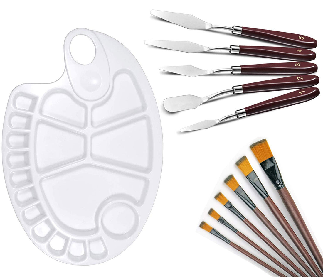 12PCS Painting Brush, Palette & Knife Set, Stainless Steel Acrylic Oil Painting Knives & Brushes, Fabric Paints Tools, Artist Paint Mixing Scraper, Oval Reusable Pallette Art Watercolor Supplies Kit