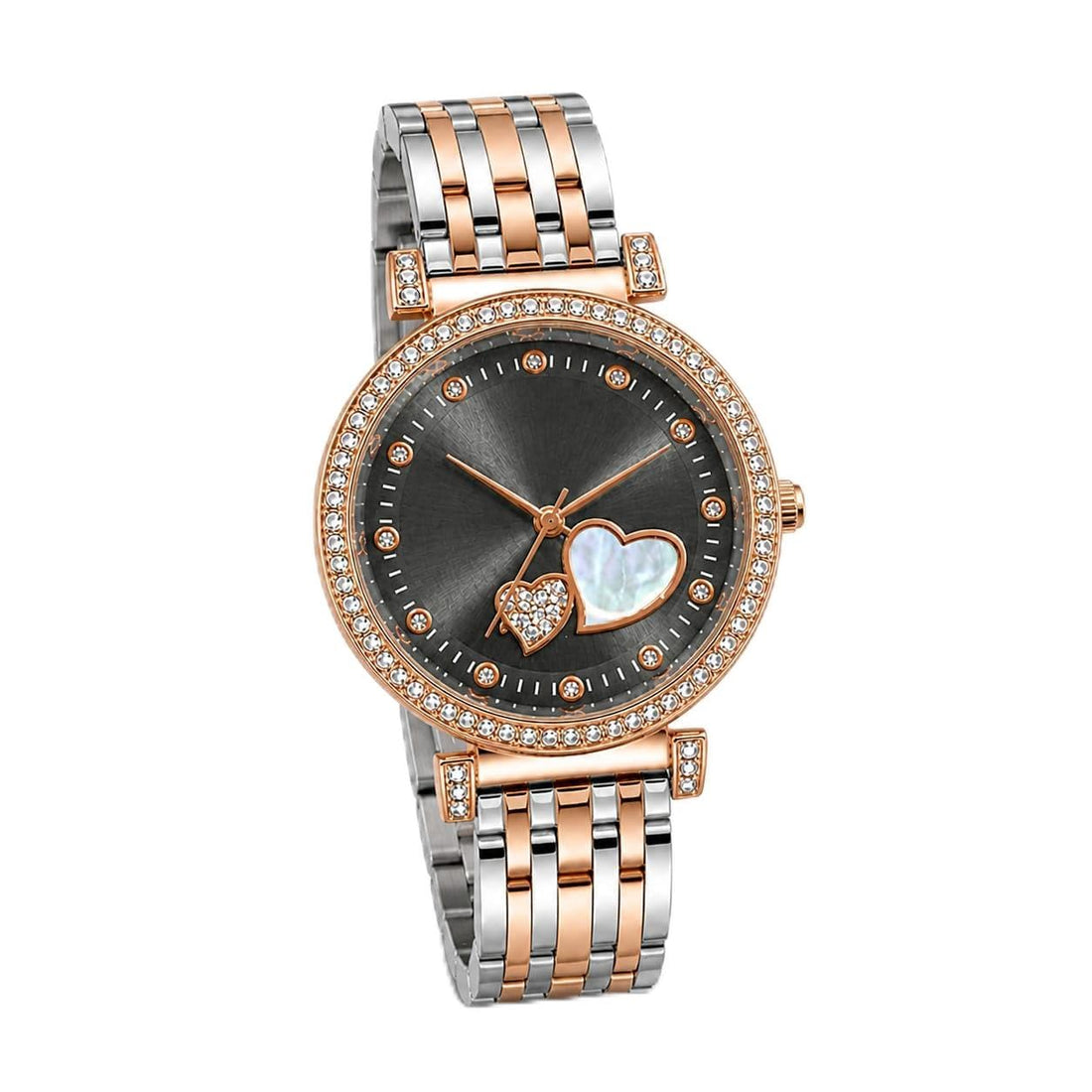 Women's Luxury Two-Tone Silver Rose Gold Crystal Encrusted Dial Elegant Bow Watch - Quartz Movement and Polished Metal Bracelet