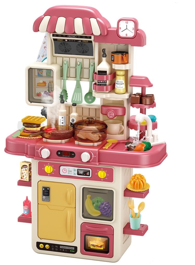 Children's kitchen game machine, toy kitchen with light and music, simulated spray and game sink, children's kitchen accessories set, the best birthday gift for boys and girls (48 piece set, pink)