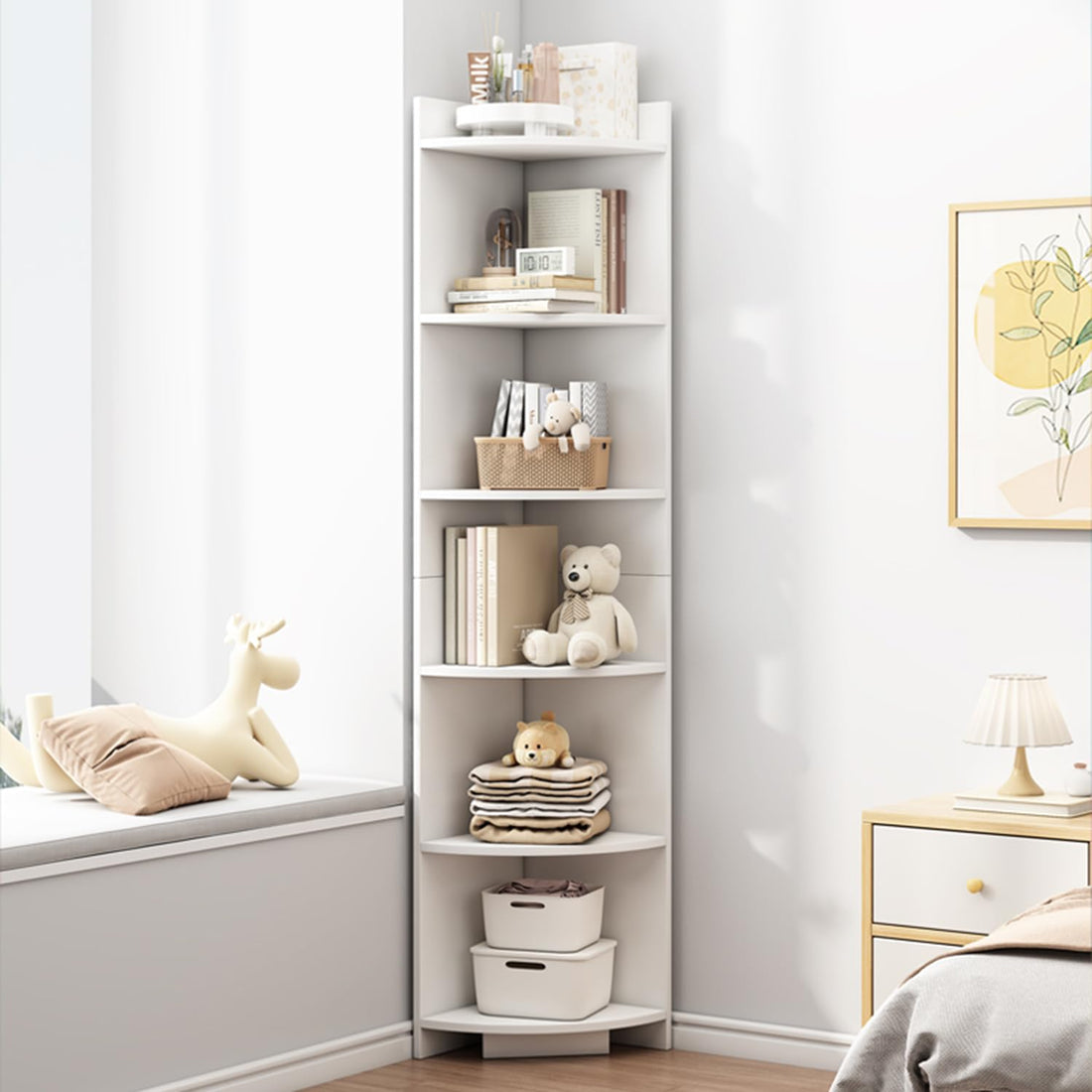 Bookcase Wooden 6 Tier Bookshelf Storage Corner Shelf Organizer Units Modern Free Standing Cabinets Racks Open Shelves for Living Room Bedroom Study Home Office White 30x30x180cm