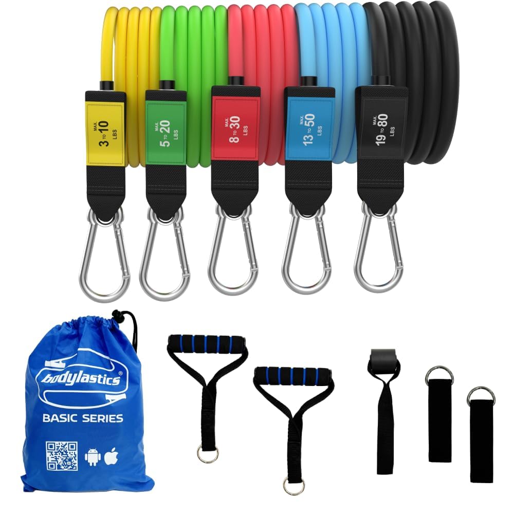 Bodylastics Resistance Band Set - Resistance Bands with Handles, Ankle Straps, Door Anchor, Carry Bag - Heavy-Duty Stretch Exercise Bands -Patented Clips and Snap Reduction Tech -Fitness Workout Bands