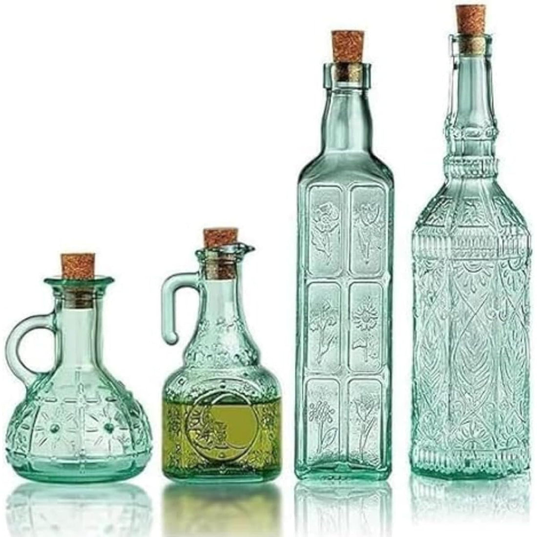 Premium Glass Essence with Zayeta Set of 4 (Al-Dalla & Shik Whole) - Pure & Imported Glass, Includes 2 Large Oil & Vinegar Bottles, 2 Small Pieces - Generic