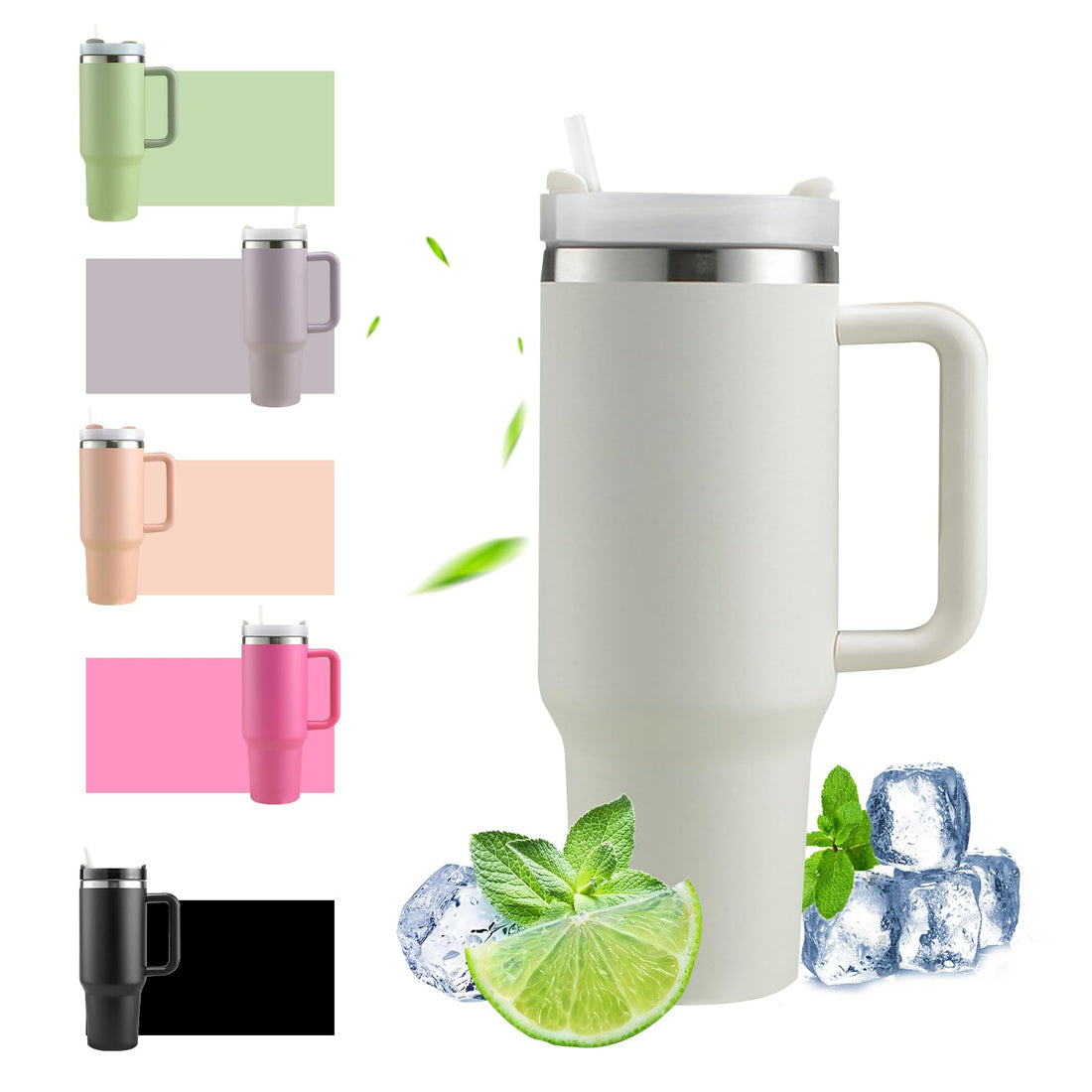HLDGCX 40 oz Thermal Mug with Straw and Handle, 1200 ml Coffee Mug To Go, Double-Walled Stainless Steel Vacuum Insulated Mug with Lid, Portable Car Mug for Hot and Cold Drinks - White