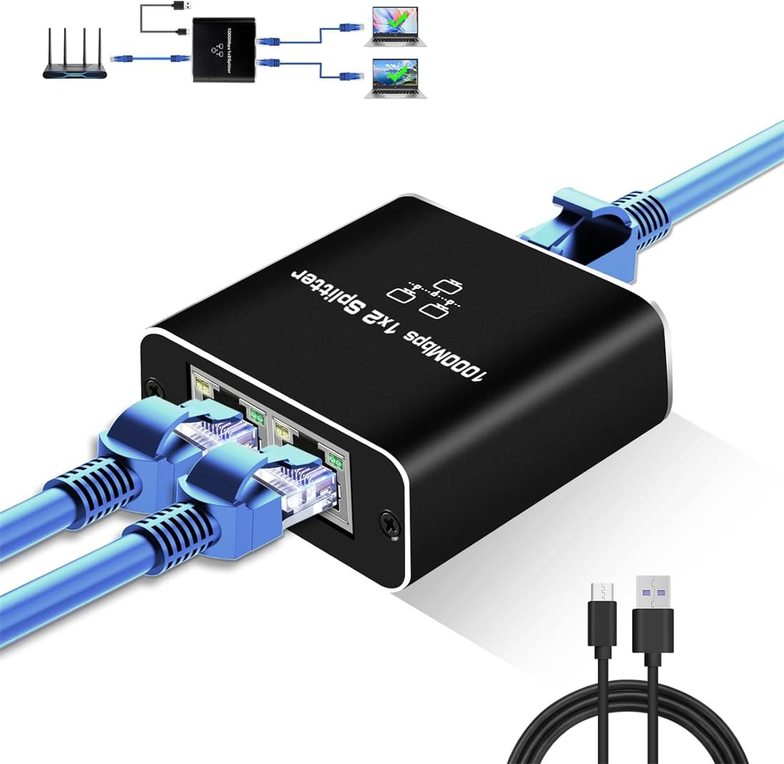 KWSLIN 1000Mbps Network Splitter with LAN Cable Cat 6 - RJ45 Ethernet Splitter 1 to 2 High Speed Gigabit LAN Internet Splitter for Cat 5/5e/6/7/8, Supports Two Devices Working Simultaneously