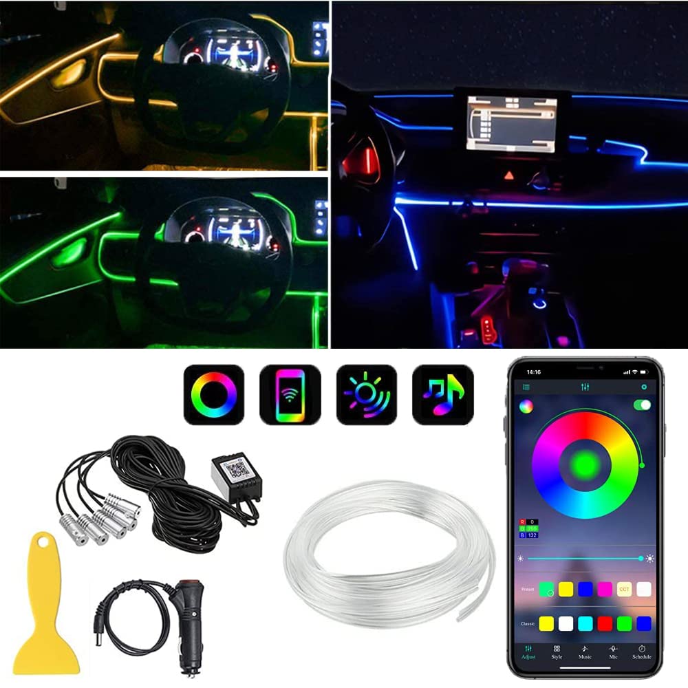 Atmosphere Light Car, 5 in 1 Ambient lighting Car With 6m Fiber Optic,16 Million Colors RGB Car LED Interior Strip Light, Wireless Bluetooth APP Controlled, Brightness adjustment, DC 12V
