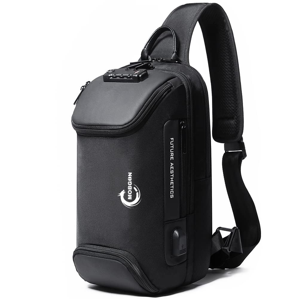 Mobigon Chest Bag for Men, Sling Crossbody Backpack with USB Charging Port & Combination Lock, Waterproof Shoulder Bag, Fits up to 12 Inch Tablet, Anti-Theft Travel Work Hiking Bag