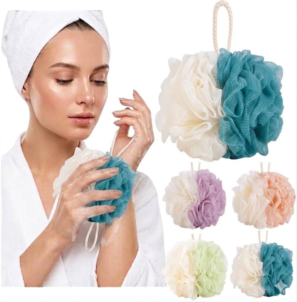 Bath Pouf Exfoliating Scrunchy Loofah Scrubber Shower Puff Long Shower Sponge Bath Loofah Sponge Net Girl Mesh-1pc (Multicolor)
