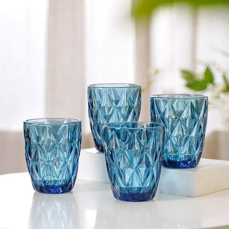Generic Crystal Glass Set, Blue, Diamond Cut Ribbed Design, for Tea or Juice, Set of 6, .hg