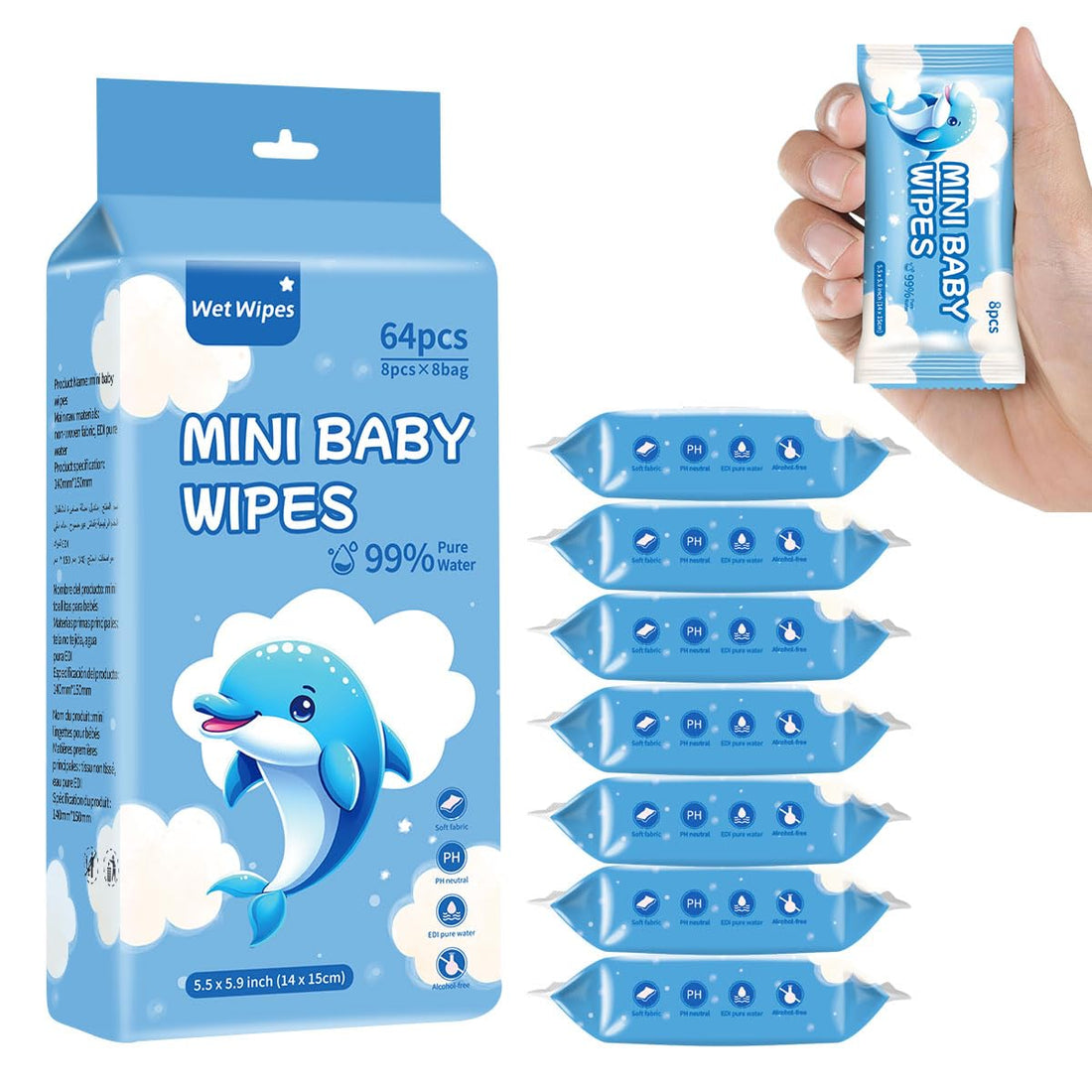 64 Count Mini Baby Wet Wipes - 8pcs/pack (Total 8 packs) Individually Wrapped, 99% Pure Water, Hypoallergenic, Eco-Friendly, and Perfect for Newborns and On-the-Go Families
