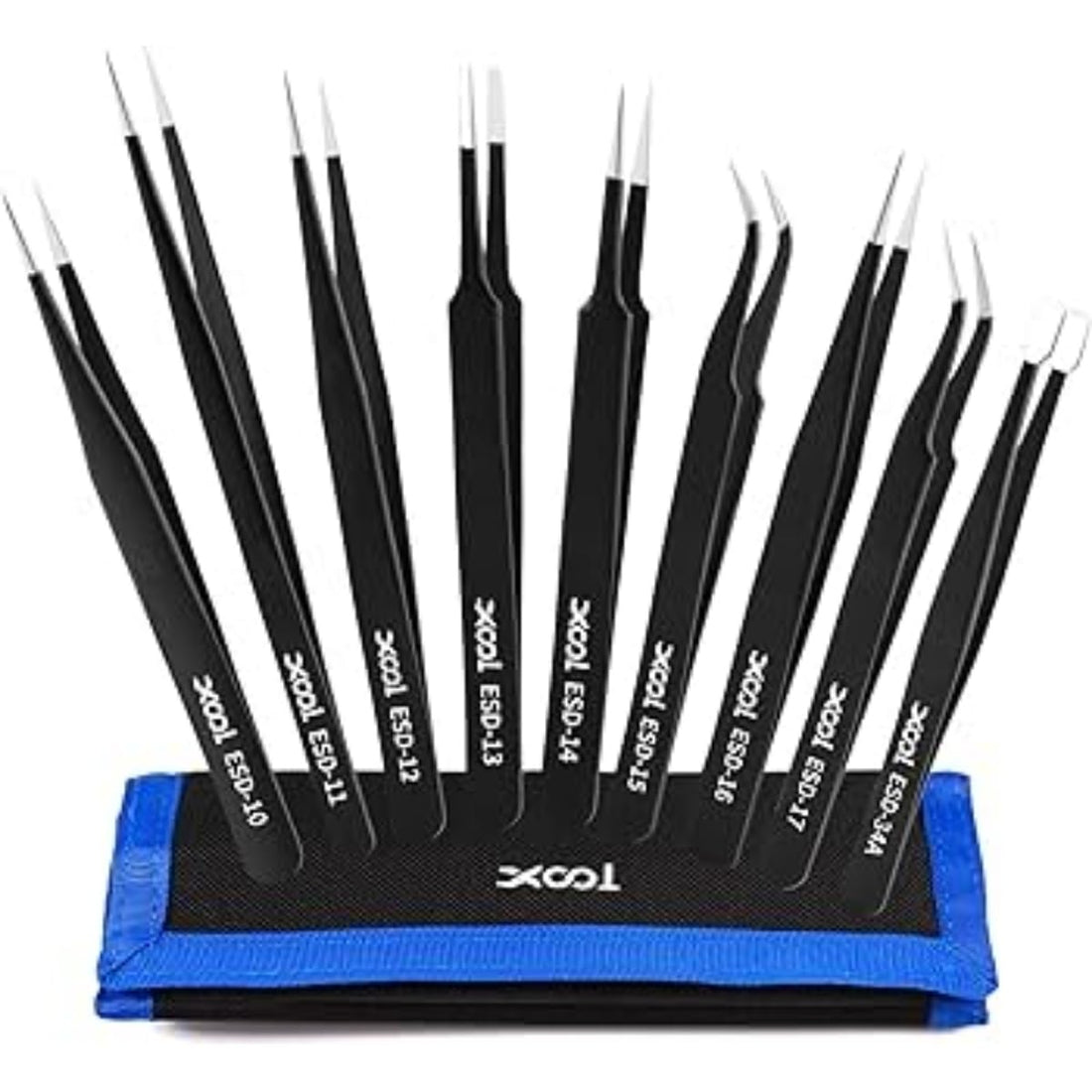 ESD Anti-Static Precision Tweezers Set, Stainless Steel, Electronics, Repair, Assembly, 8 Pieces with Carrying Case