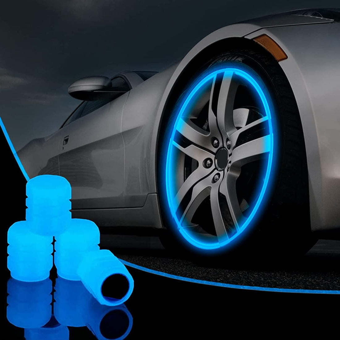 Universal Fluorescent Car Tire Valve Caps, Luminous Car Tire Air Valve Cap, Glow in The Dark Durable Tire Pressure Caps for Cars, Motorcycles, SUV, Trucks, and Bicycles(Blue, 4)