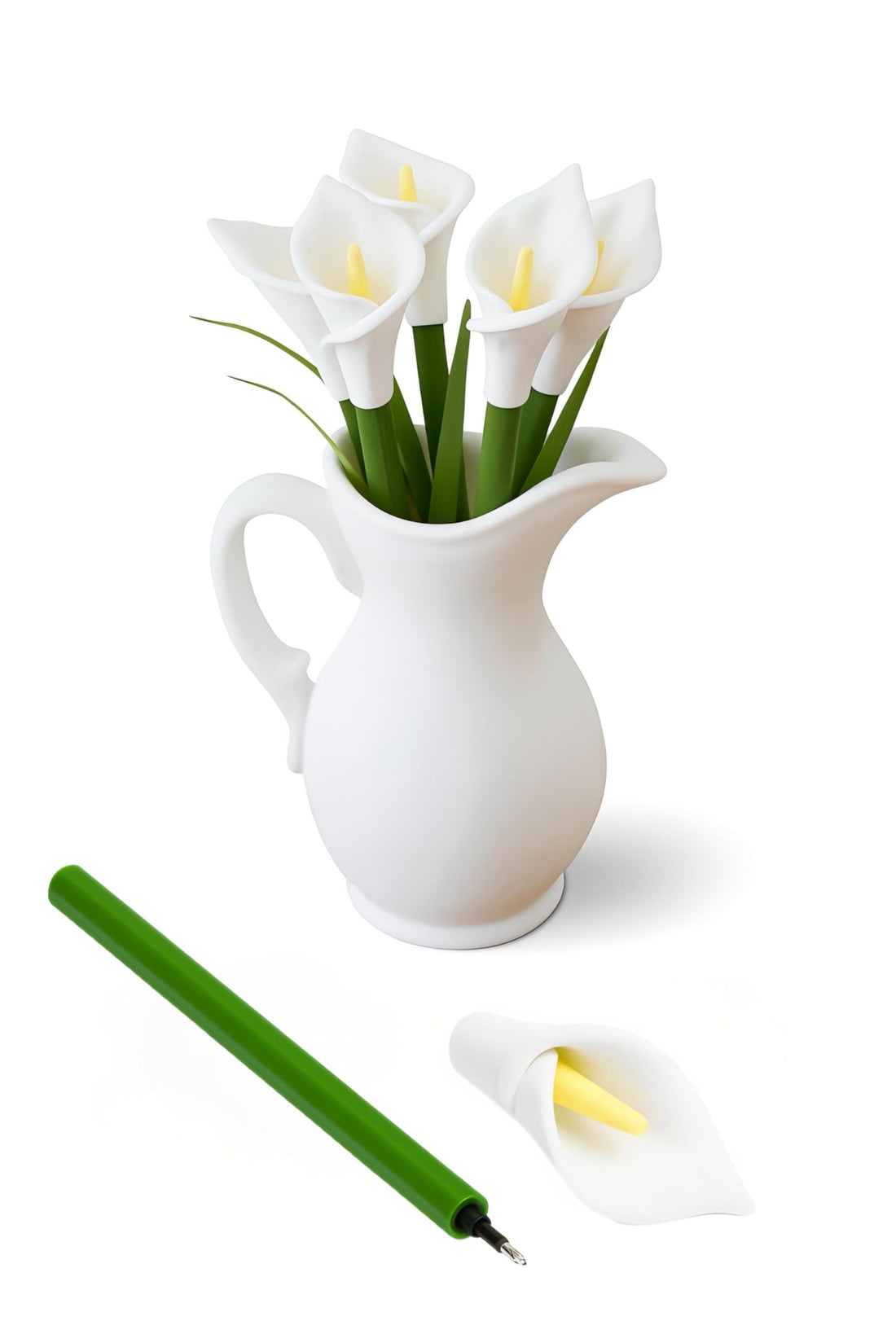 Calla Lily Flower Pens with Vase 5pcs Elegant Stem Pens with Detachable Flower Caps & Leaf Bookmarks, Realistic Floral Desk Decor Gift for Women, Students & Office Use