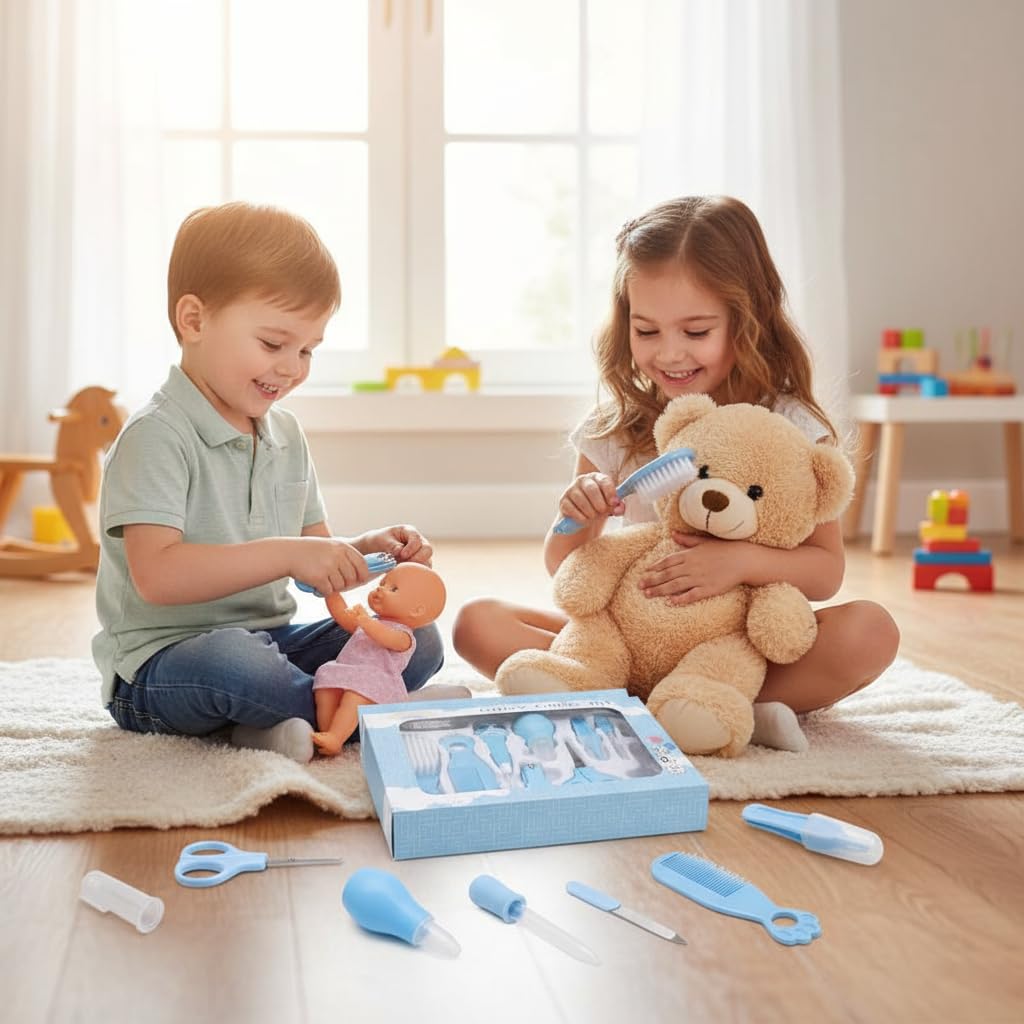 ZAIN Baby Care Kit, Pink and Blue, ABS Plastic, 16x17.8x2.8cm, 6-Piece Newborn Grooming Set, BPA-Free, Model HG-Baby Care (blue)