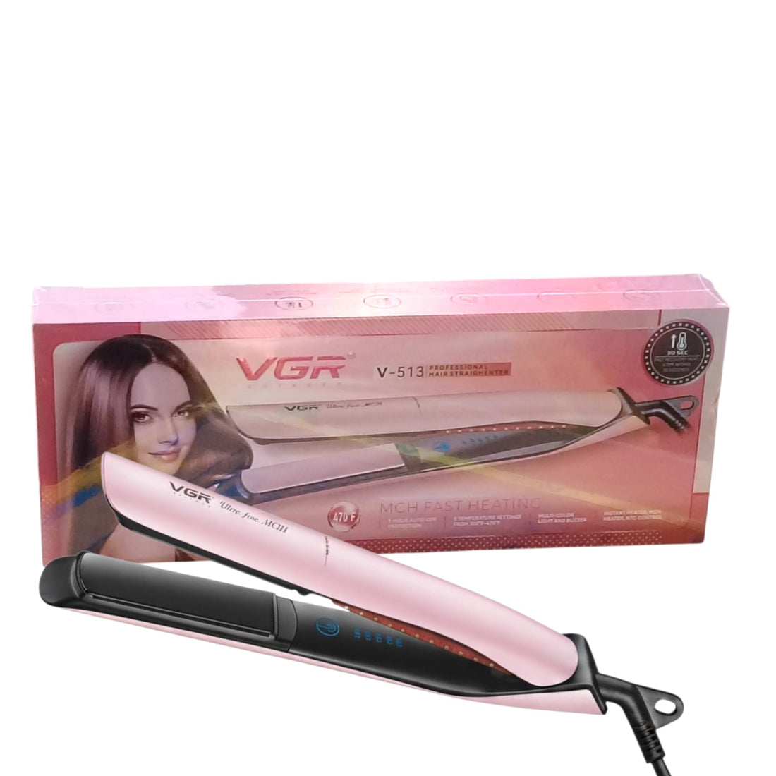 VGR V-513 Professional Hair Straightener, Ceramic Coated Plates, 5 Temperature Settings, 150°C-243°C, 1-Hour Auto-Off, Fast Heat (Pink)