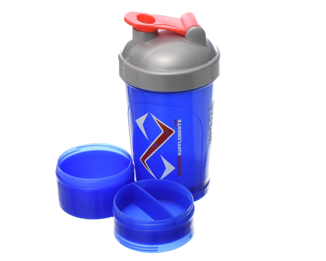 Infinity Premium Bottle for Gym with Storage Organizer for Medicine,Sports 3-Layer Leak Proof Lid and Twist Lock Container BPA Free - Grey blue