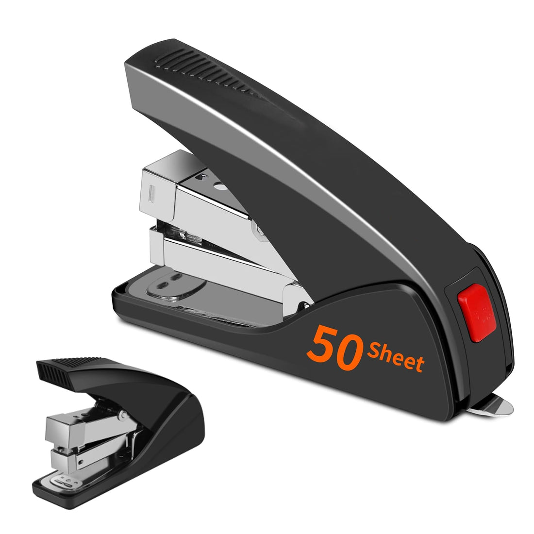 Angju Stapler for Desk, 50 Sheet Effortless Desktop Stapler Staple with One Finger, Portable Ergonomic Handheld Staplers Heavy Duty, Built-in Remover, Space Save Size, Good for Home & Office
