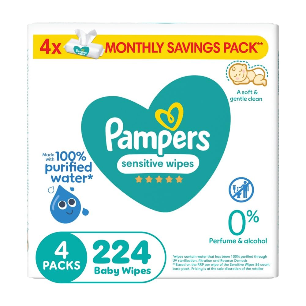 Pampers Sensitive Wipes, 224 Baby Wipes, 4x 56 Wipe Count, 0% Achel & Fragrance, Suitable for Hands & Face – Packaging May Vary