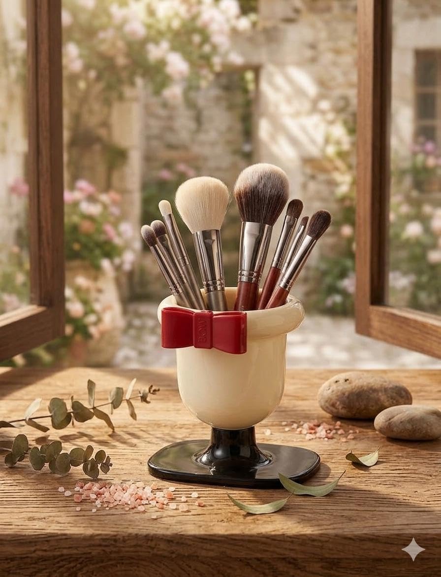 BRUSH ORGANIZER - Stylish corneraccessory with a cute bow and solid base, perfect for storing makeup brushes, lipstick and eyeliner pencils, enhances dressing table organization, provides a clean and