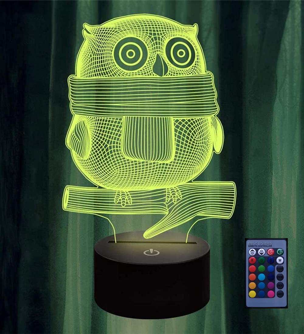 3D Owl Night Light 16 Colors Changing USB Power Remote Control Touch Switch Decor Lamp Optical Illusion Lamp LED Table Desk Lamp Children Kids Brithday Christmas Gift