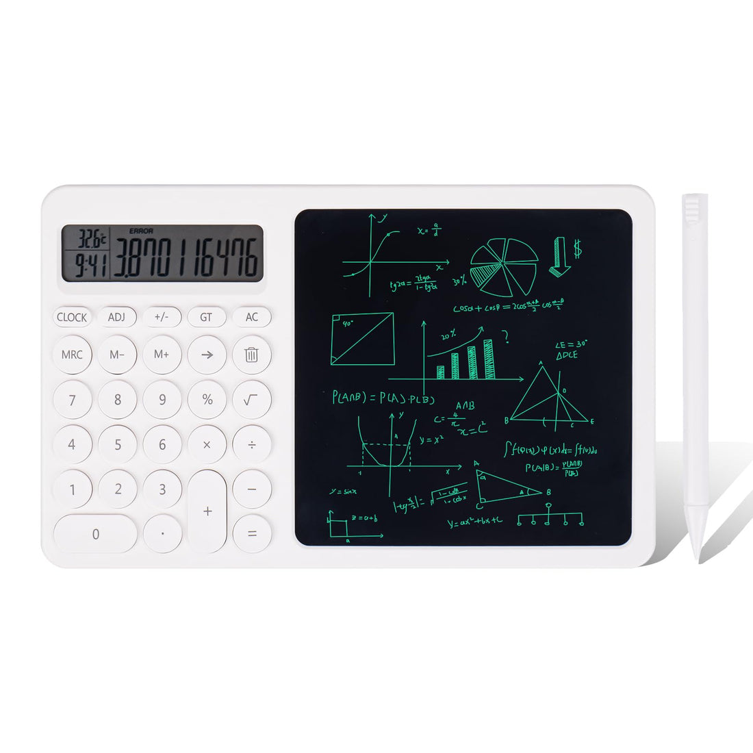 2 in 1 Calculator with LCD Writing Tablet,Desktop Standing Calculator with Electronic Calendar time Temperatures,10-Digit LCD Display Calculator for Student Teacher Office Business High School (White)