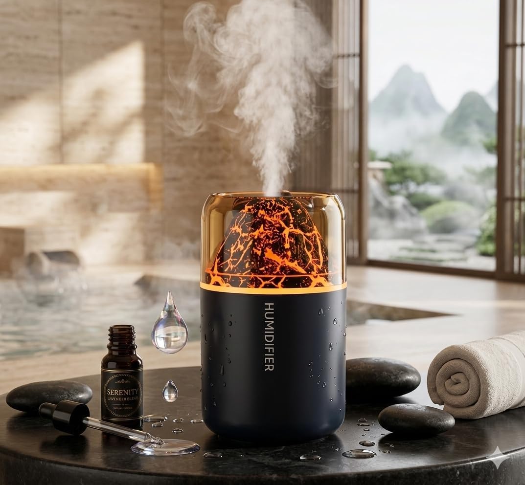 Volcano Flame Humidifier Essential Oil Diffuser, Cool Mist Aromatherapy with LED Flame Light, Quiet USB Air Humidifier for Bedroom, Office, Home Decor