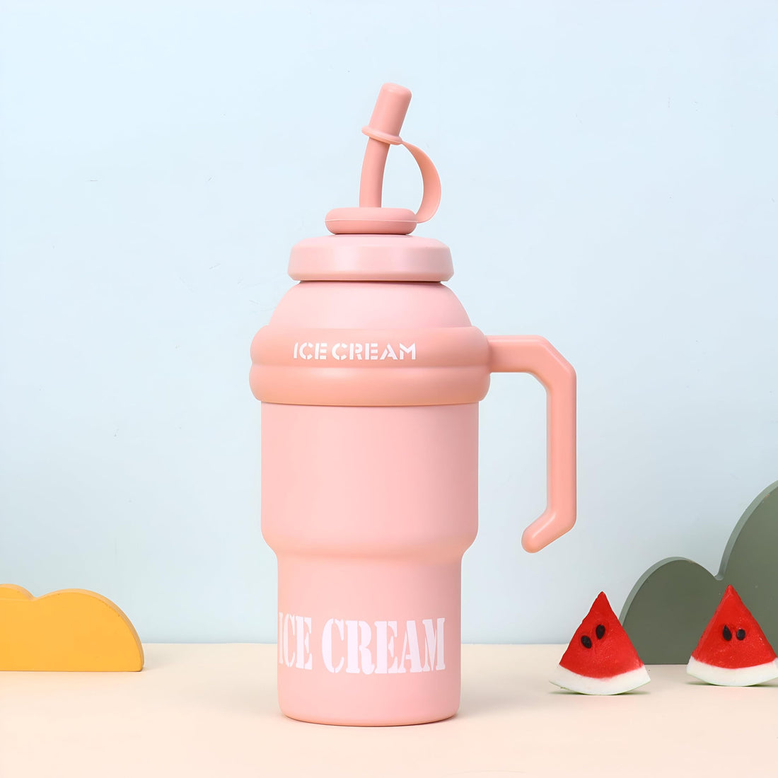 Playful Stainless Steel - Experience the joy of drinking from this ice cream-shaped mug, featuring a sturdy handle and a lid for convenience and style.