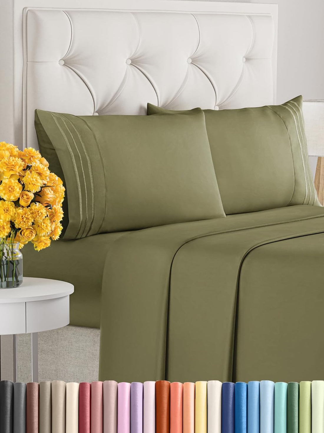 Signoola Flat Sheet Set Of 1 Piece - Comfy Breathable & Cooling Sheets - Hotel Luxury Bed Sheets (240 x 250 cm) - Deep Pockets, Easy-Fit, Extra Soft - Olive Green
