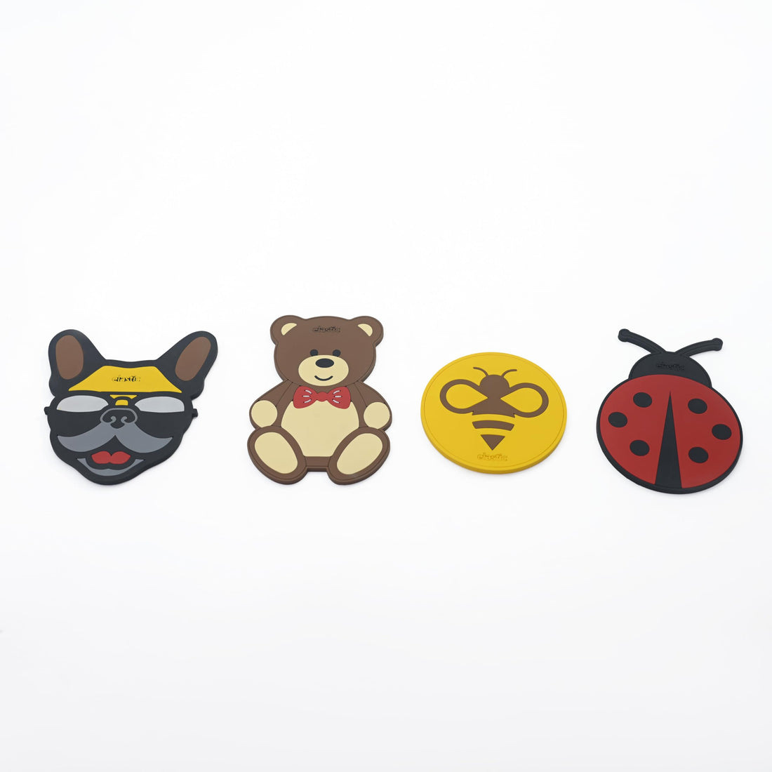 Cute Animal Silicone Coasters, Set of 4, Bulldog, Teddy Bear, Bee and Ladybug Design-COS-BUNDLE-ZOO-1