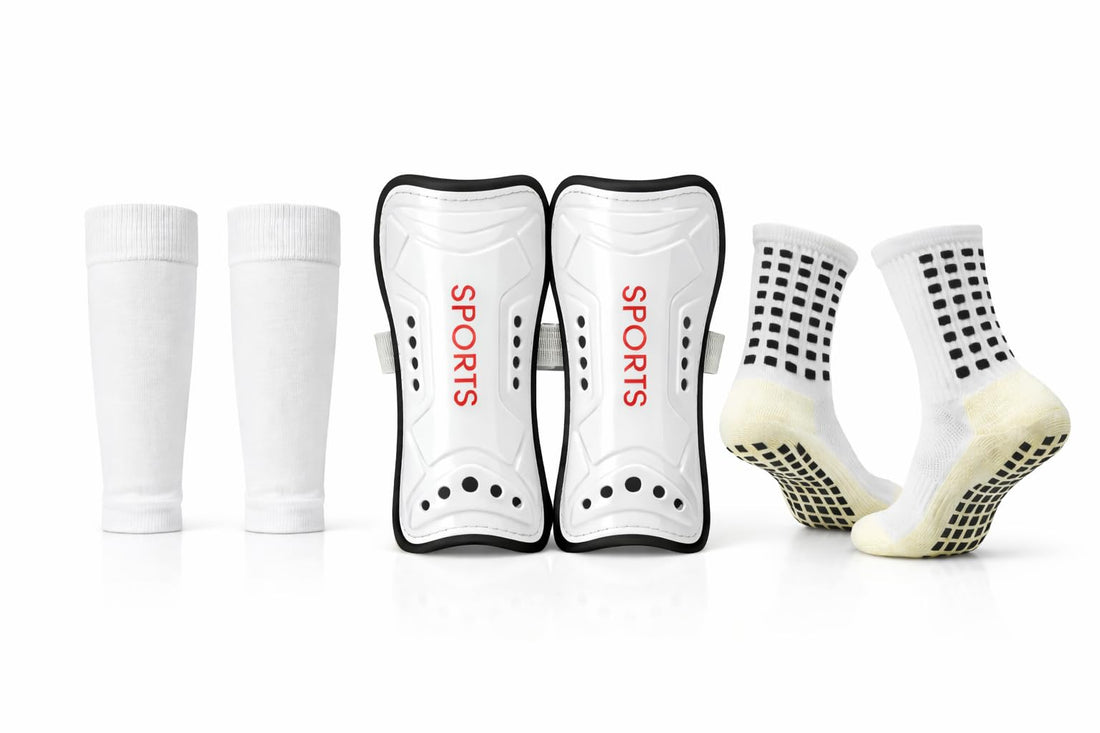 Showday Soccer Shin Guards Set with Grip Soccer Socks and Shin Guard Sleeves, Anti-Slip Quick-Dry Football Socks Kit for Adults and Kids, for Training and Match, Red White Black Blue