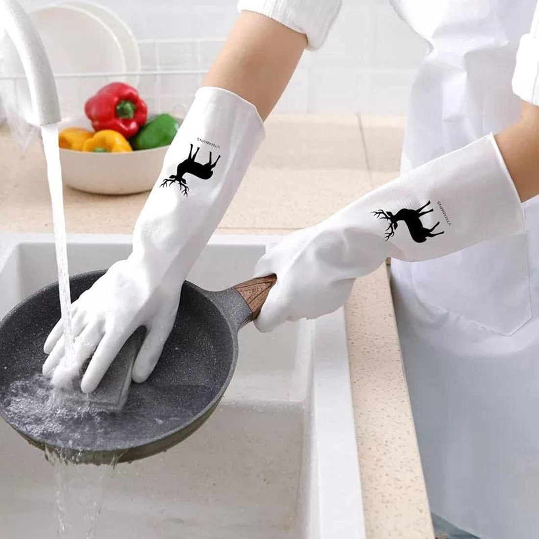 Transparent kitchen wash dishes cleaning gloves waterproof long sleeve rubber latex non-slip wear-resistant household tools (Assorted Colors)