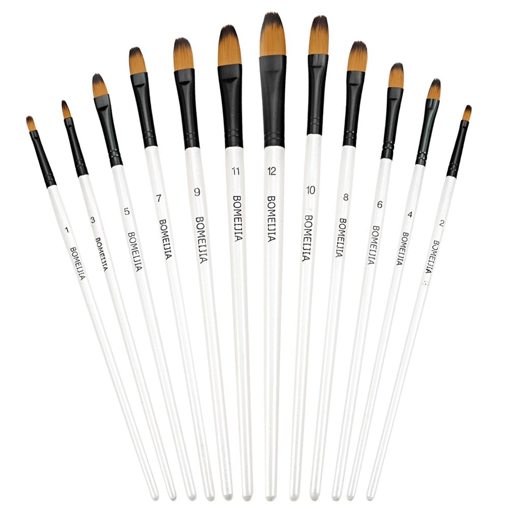 Bomeijia artist Paint Brushes Set - 12 Piece - Filbert Golden Nylon Bristles - Professional Brush for Watercolor acrylic, Gouache, Oil and Face paint
