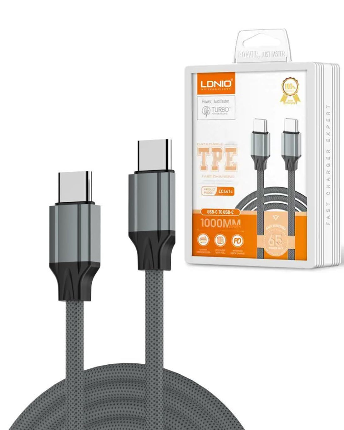 LDNIO LC441C USB-C to USB-C Cable 1M, 65W PD Fast Charging & Data Transfer, Durable Braided Charger Cord for Smartphones, Laptops & Tablets – Gray